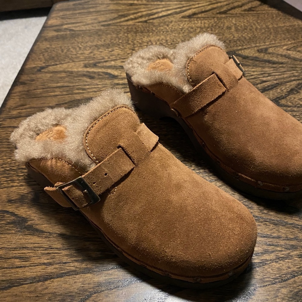 Re/Done Shearling Clog Cognac Suede